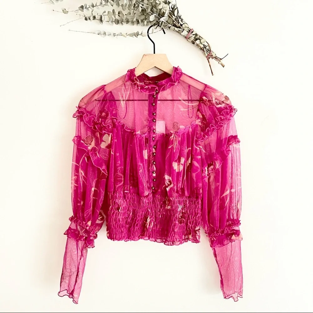 Free People Time For Shine Mesh Top Floral Cropped M NWT